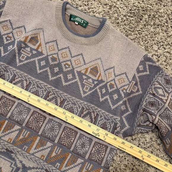 Vintage MES XL Geometric Knit Sweater Beige & Gray Pullover Crewneck 90s Style - Picture 5 of 6